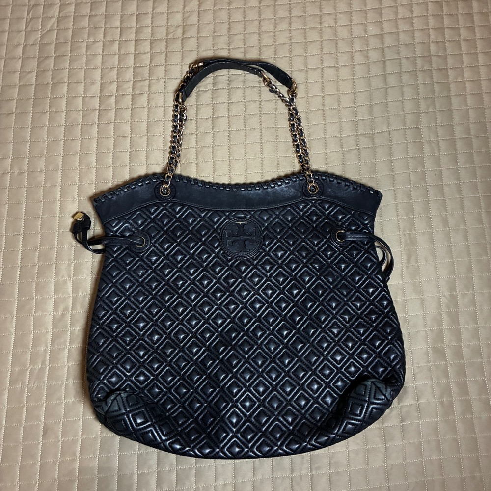 Tory Burch Marion Quilted Black Leather Tote Bag Gold Chain Shoulder Bag Large